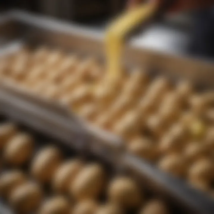 Close-up view of potatoes being processed in an automatic peeler, highlighting efficiency.