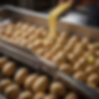 Efficiency in Action: Potatoes in the Peeler Close-up view of potatoes being processed in an automatic peeler, highlighting efficiency.