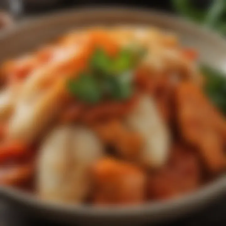 Close-up of kimchi, a quintessential banchan, showcasing its vibrant colors and textures.