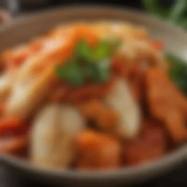 Kimchi: The Iconic Banchan Close-up of kimchi, a quintessential banchan, showcasing its vibrant colors and textures.