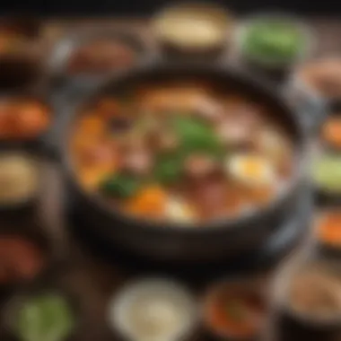 Korean Stew Accompanied by Banchan A detailed shot of a simmering pot of traditional Korean stew, often served alongside banchan.
