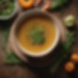 A rich bowl of pasture raised bone broth with herbs and vegetables