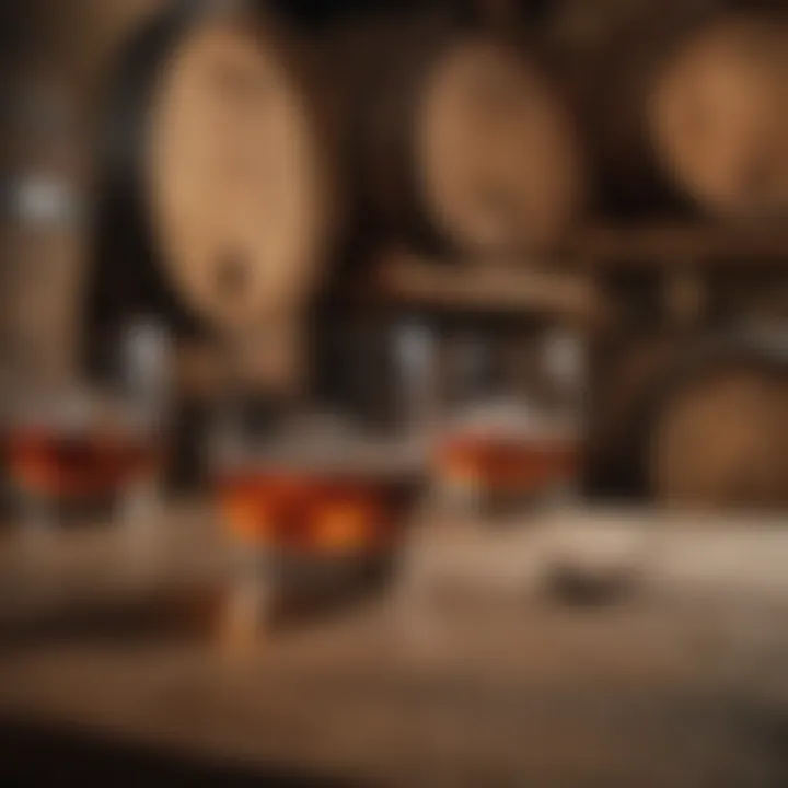 An elegant bourbon glass set against a backdrop of whiskey barrels.