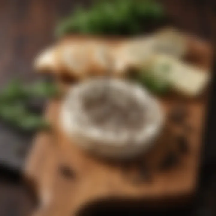 A close-up of black pepper Boursin on a wooden cheese board with herbs