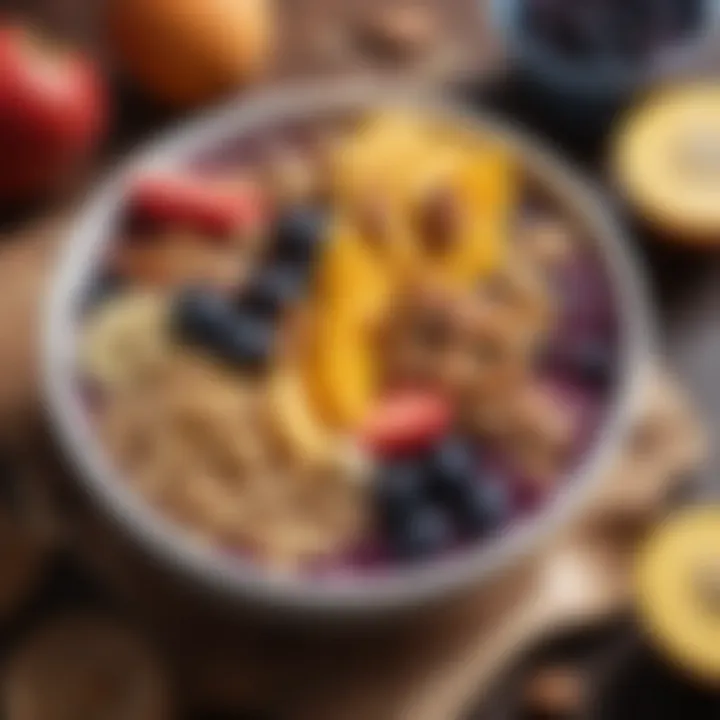 A vibrant bowl of acai topped with fresh fruits and nuts.