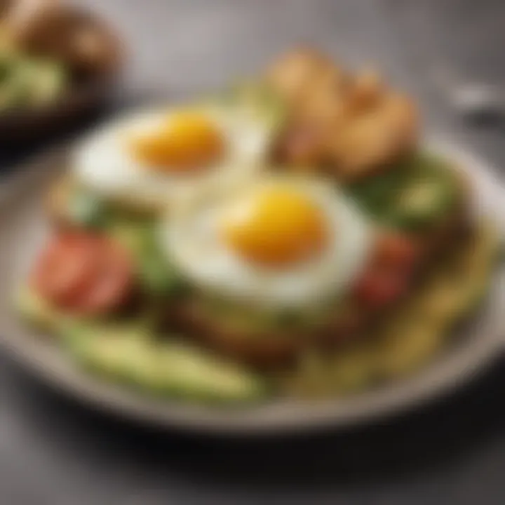 A beautifully arranged breakfast platter featuring eggs, avocado, and toast.