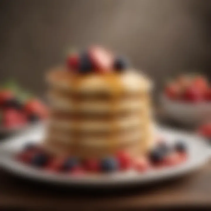 Fluffy pancakes drizzled with maple syrup and garnished with berries.