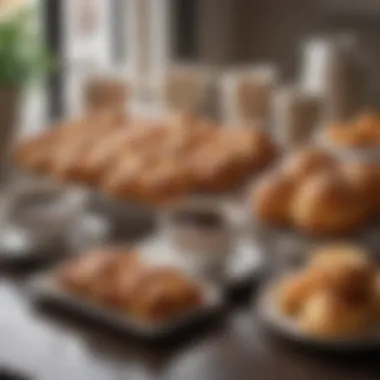 An assortment of pastries and coffee cups in a café setting