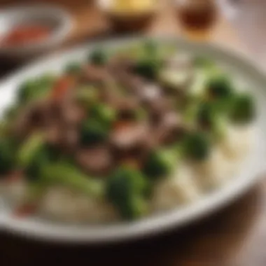 Plated dish featuring broccoli and beef stir-fry