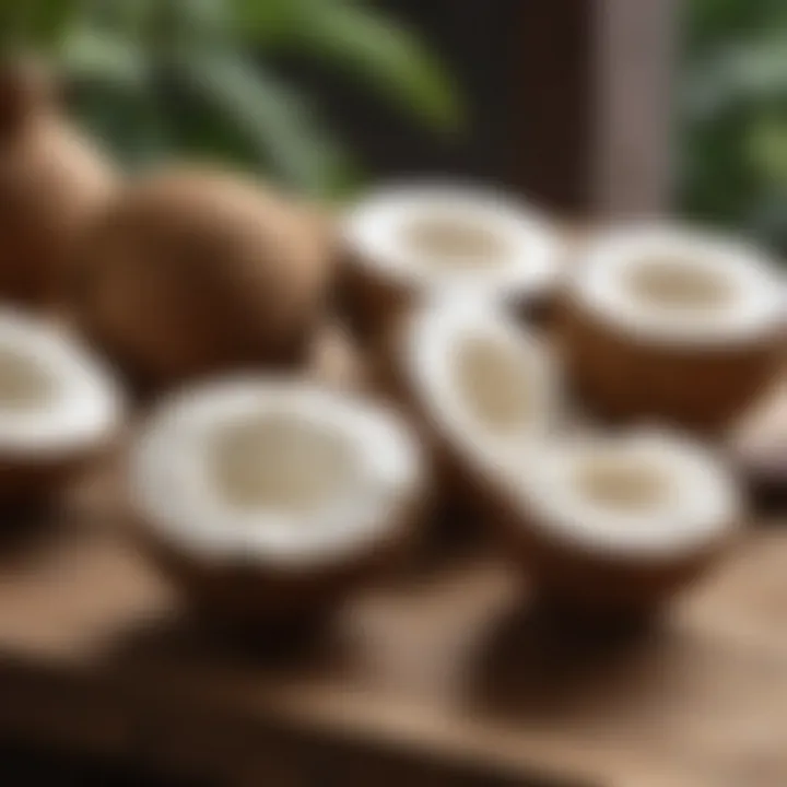 Fresh coconuts displayed on a rustic wooden table, emphasizing their natural beauty and appeal.