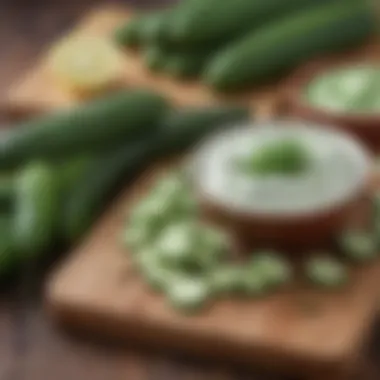 Close-up of fresh cucumbers and dill on a wooden cutting board