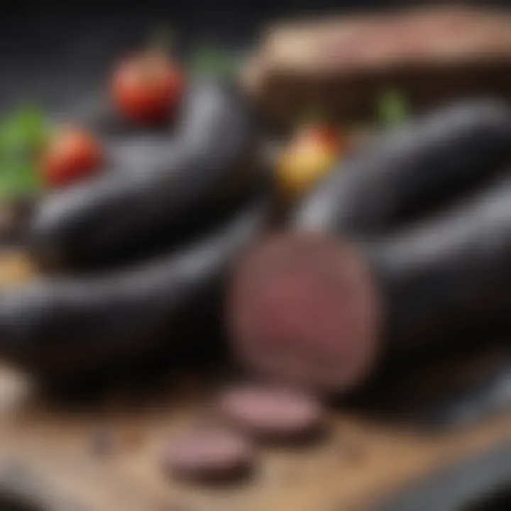 An artistic close-up of sliced black sausage revealing its rich texture and distinctive color.