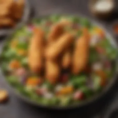 A vibrant salad topped with crispy chicken tenders and fresh vegetables