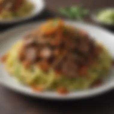 Zucchini Noodles with Savory Ground Beef Sauce Zucchini noodles topped with a flavorful beef sauce