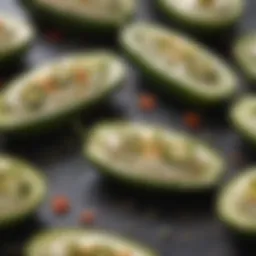 A close-up view of jalapenos filled with creamy cheese