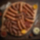 A variety of breakfast sausages on a wooden platter