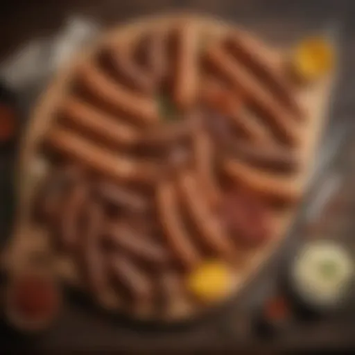 A variety of breakfast sausages on a wooden platter