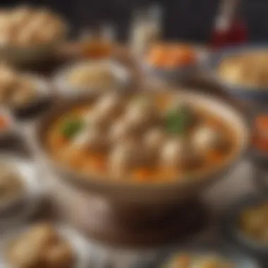 A vibrant platter of traditional Passover dishes showcasing matzah ball soup, charoset, and gefilte fish.