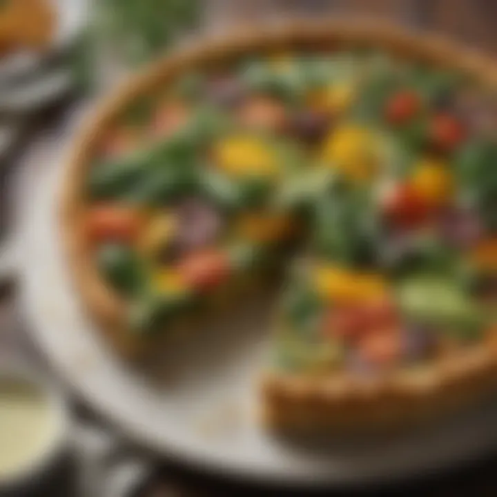 A vibrant spring vegetable tart showcasing an assortment of colorful greens and herbs.