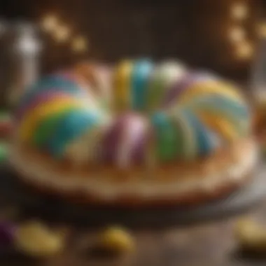 Colorful King Cake adorned with festive decorations, symbolizing celebration.