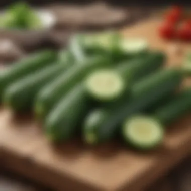 Fresh cucumbers arranged artfully on a wooden board.