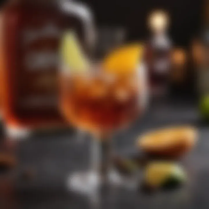 A close-up of a cocktail glass filled with a fruity spiced rum mix.