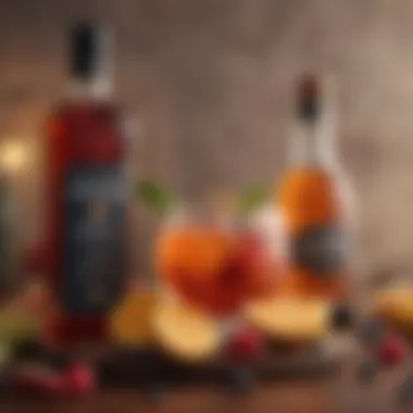 Fresh Fruits and Spiced Rum An assortment of fresh fruits and spiced rum bottles.
