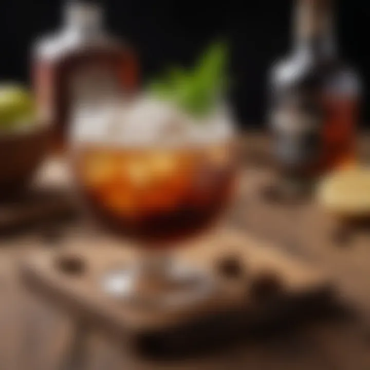 A beautifully garnished spiced rum drink on a wooden table.
