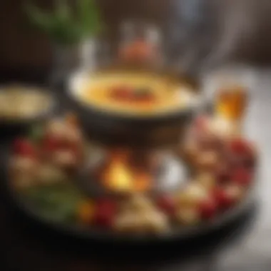 Elegant gelled fuel fondue setup with vibrant ingredients