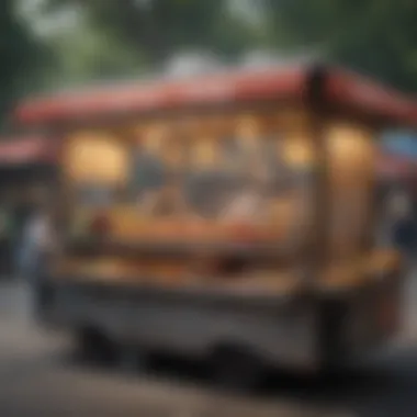 A street food stall bustling with activity and a variety of local delicacies.