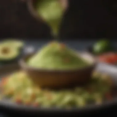 A close-up view of guacamole powder being sprinkled onto a gourmet dish