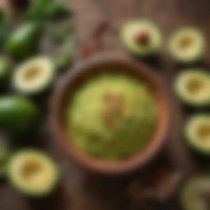 A vibrant display of guacamole powder in a decorative bowl surrounded by fresh avocados and spices