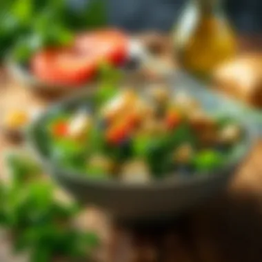 A colorful bowl of chicken salad with a variety of greens and toppings