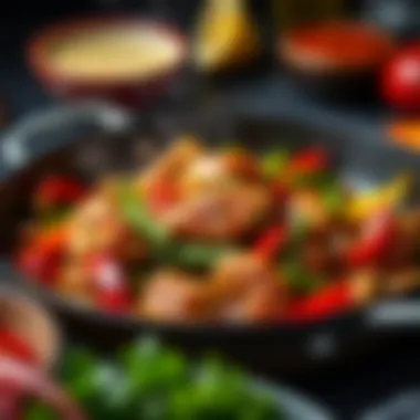 A skillet featuring stir-fried chicken with assorted vegetables and spices