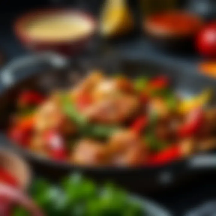 A skillet featuring stir-fried chicken with assorted vegetables and spices