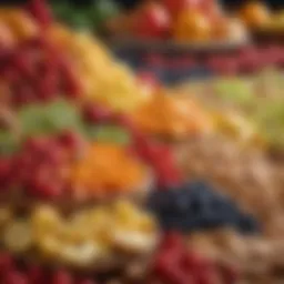 A vibrant assortment of fresh fruits and nuts arranged artistically.