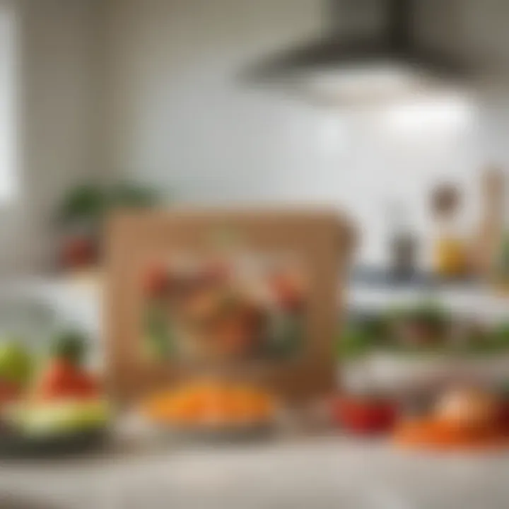 A cozy kitchen setting with a meal kit box open, revealing colorful veggie meal components.