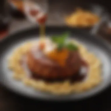 Gourmet Dish with Hennessy Sauce A beautifully plated gourmet dish featuring Hennessy sauce drizzled artfully.