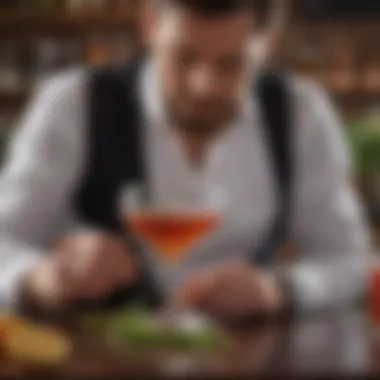 Crafting a Hennessy Cocktail Close-up of a mixologist skillfully crafting a Hennessy cocktail with fresh herbs and fruit.