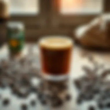 A warm cup of Irish Cream Coffee on a rustic wooden table surrounded by coffee beans