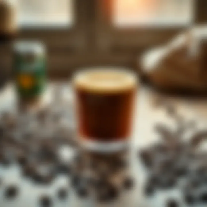 A warm cup of Irish Cream Coffee on a rustic wooden table surrounded by coffee beans