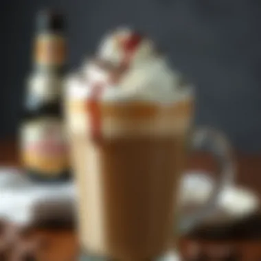 Close-up of a frothy Irish Cream Coffee with whipped cream and chocolate drizzle