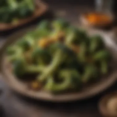 Close-up of roasted broccoli with spices on a rustic plate