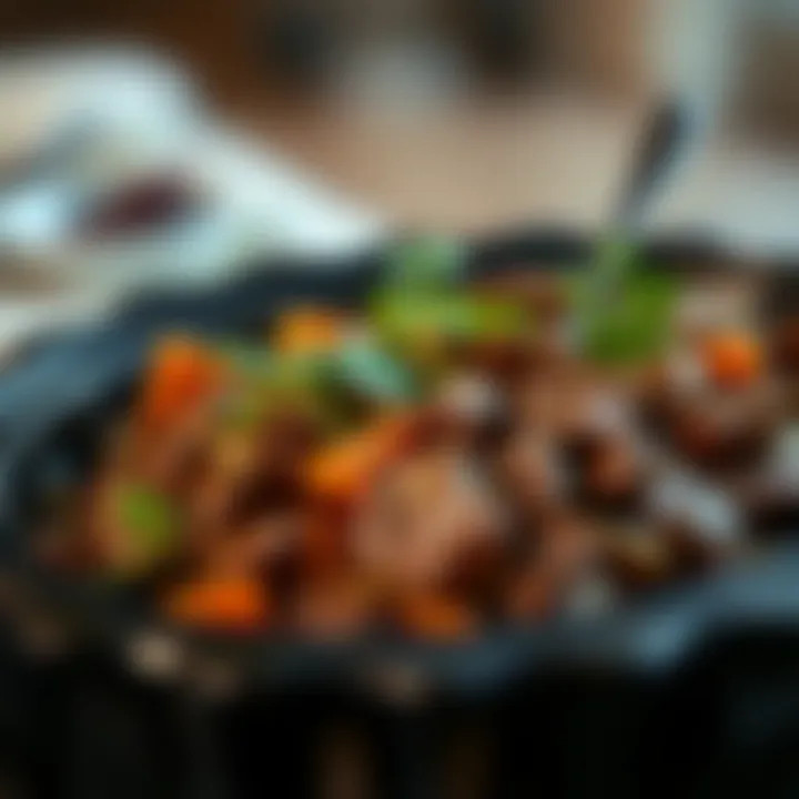 Aromatic beef casserole garnished with greens