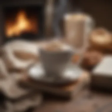 A cozy setting featuring a steaming mug of hot chocolate next to a warm blanket and book