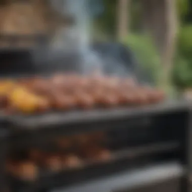 Close-up of a Lang barbeque smoker in action with delicious food.