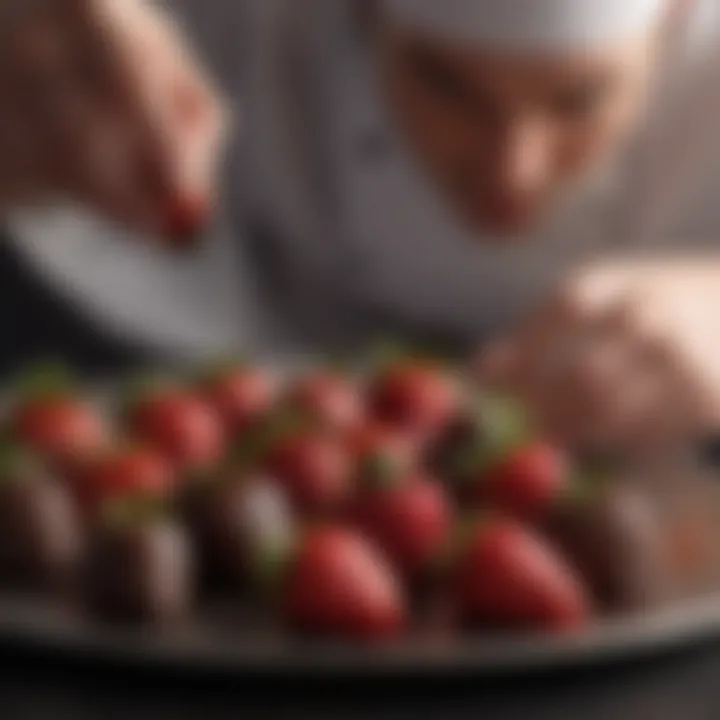 Chef adding finishing touches to chocolate strawberries