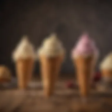 Homemade low calorie ice cream cones arranged beautifully on a rustic wooden table.