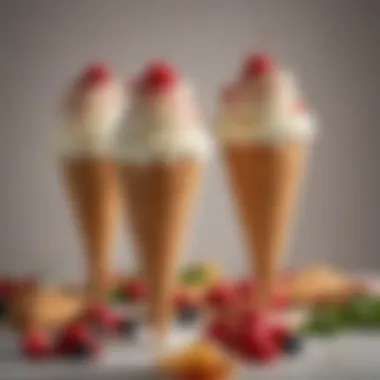 A creative setup showing low calorie ice cream cones paired with fresh fruits and toppings.