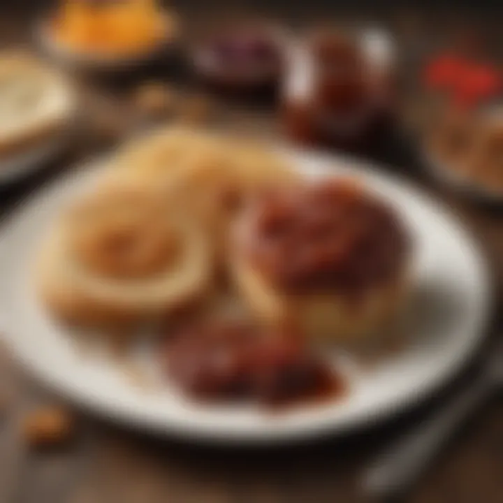 A festive table set with dishes featuring maple jam